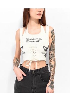 Broken Promises Lasso Lace Up cream ribbed tank top